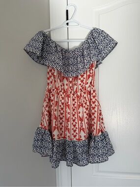 Tularosa Girls Red and Navy Off-Shoulder Floral Dress